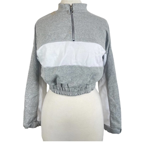 gray & white cropped mock neck quarter zip sweatshirt half zip sweater elastic - Picture 1 of 11